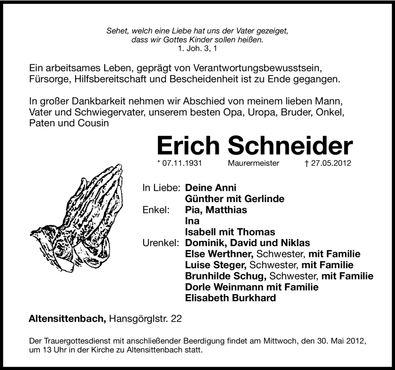  Traueranzeige für Erich Schneider vom 29.05.2012 aus Hersbrucker Zeitung